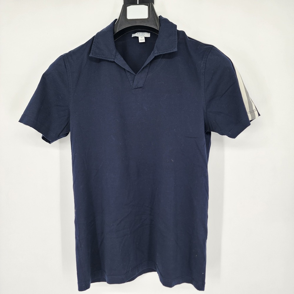 Reiss Kendal Pique Polo‎ Shirt Mens XS Navy Blue Tape Detail S/S Egyptian Cotton